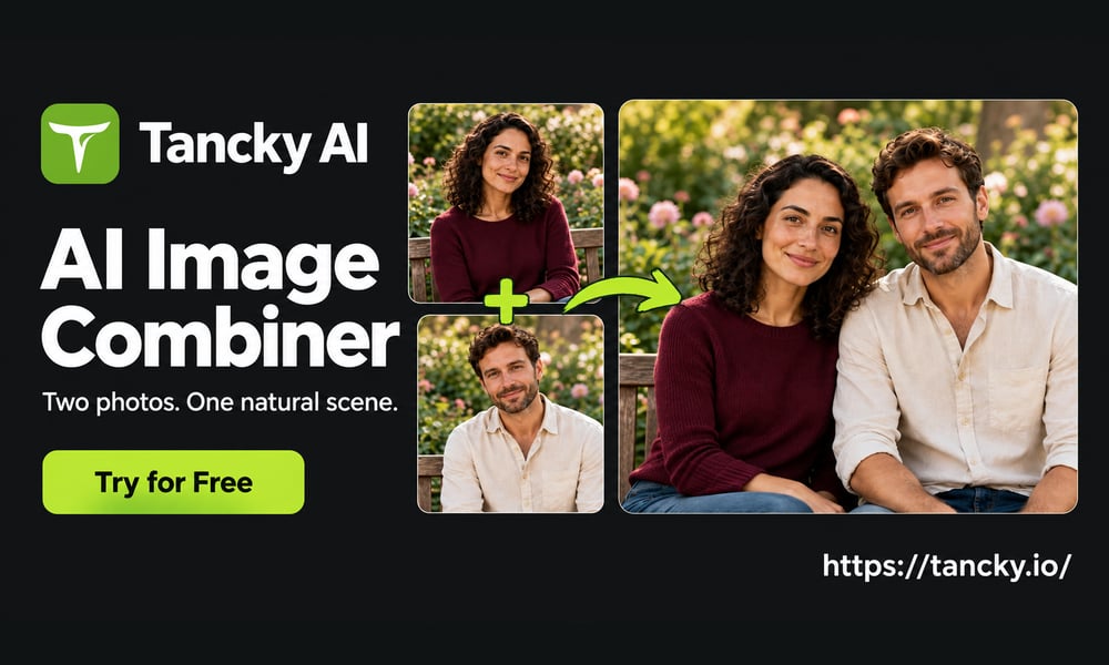 AI image combiner turning two separate portraits into one garden photo