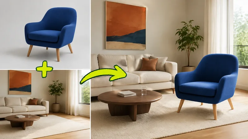 An armchair inserted into a living room photo by an AI image combiner