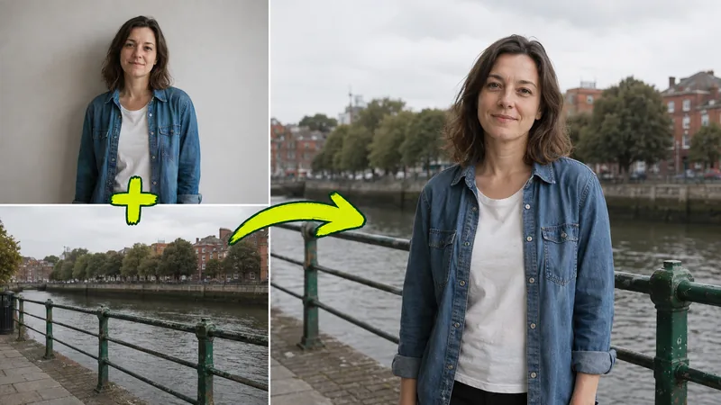A studio portrait blended into a riverside scene by an AI image combiner