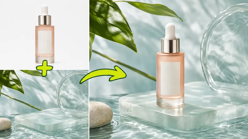 A serum bottle placed into a glass and water scene by an AI image combiner